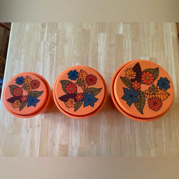 3, 1970’s Rubbermaid nesting food storage canisters orange floral design - Picture 4 of 15